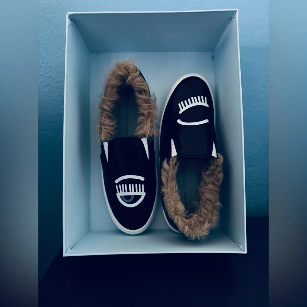 Chiara Ferragni Flirting Eye Fur-Lined Leather Slip-On Sneakers 38/7.5 - 8